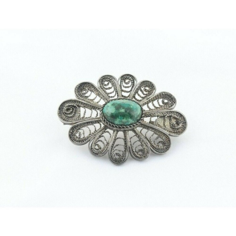 Sterling Silver Green Agate Flower Pin Brooch